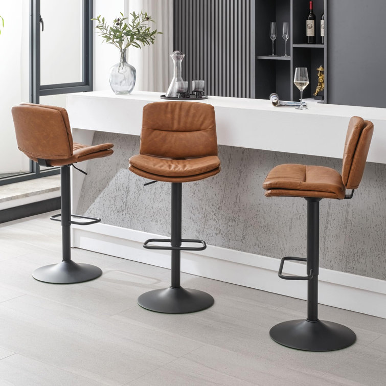 Adjustable Brown Faux Leather Swivel Bar Stools with Metal Frame, Set of 3