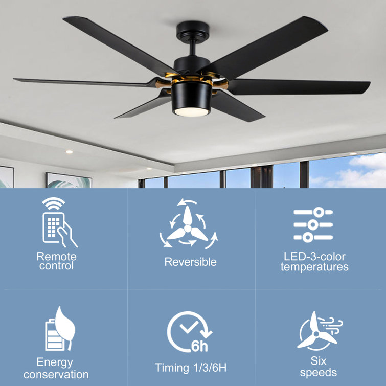 Modern 60'' Black and Gold Ceiling Fan with LED Light and Remote