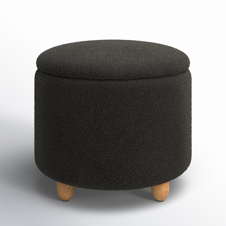 Black Boucle Round Storage Ottoman with Wooden Legs