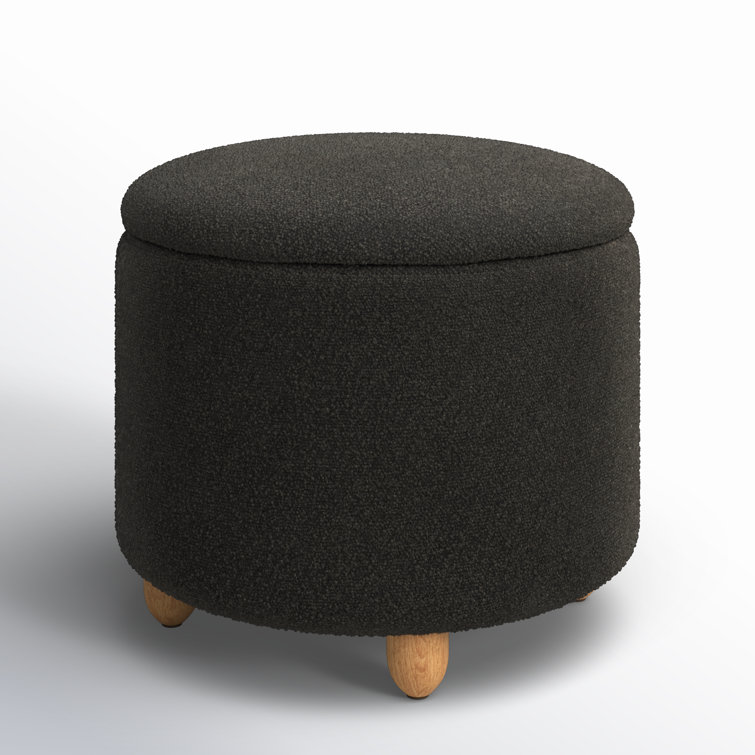 Black Boucle Round Storage Ottoman with Wooden Legs