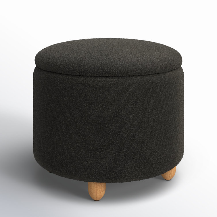 Black Boucle Round Storage Ottoman with Wooden Legs
