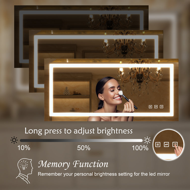 TOOLKISS Led Bathroom Mirror 72 x 36, Dimmable Vanity Mirrors For Wall, Anti-fog, 3 Colors Adjustable, Memory, Double Led Lights ( Front And Backlit ) Durable Tempered Material