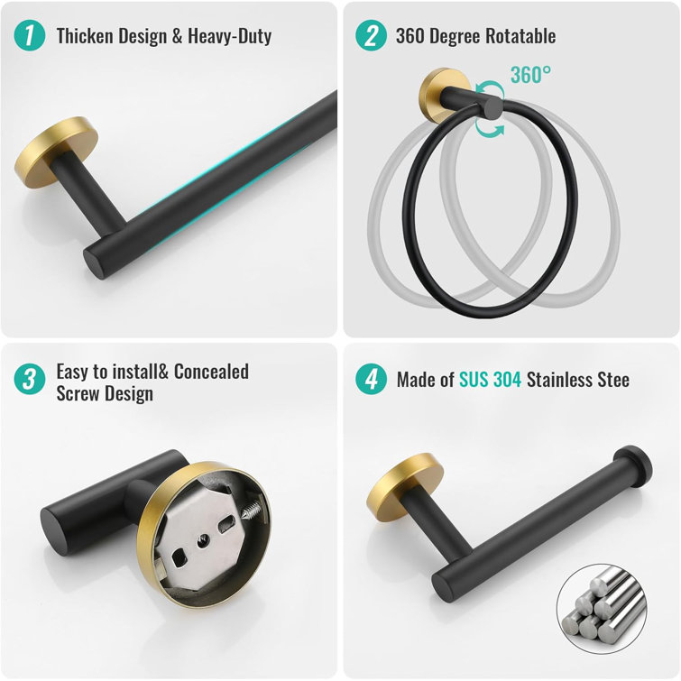Black and Gold 6-Piece Stainless Steel Bathroom Hardware Set
