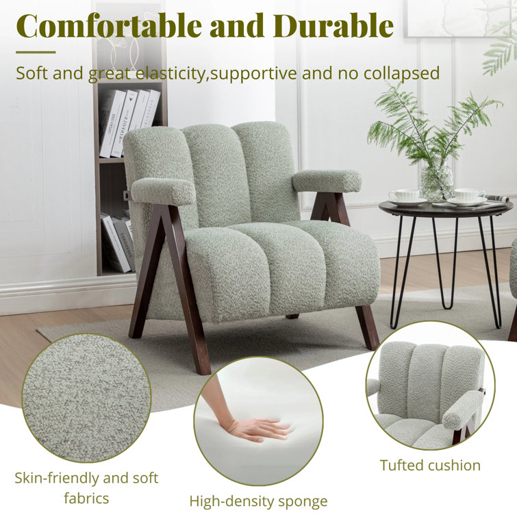 Sage Tufted Leather Barrel Accent Chair with Wood Legs