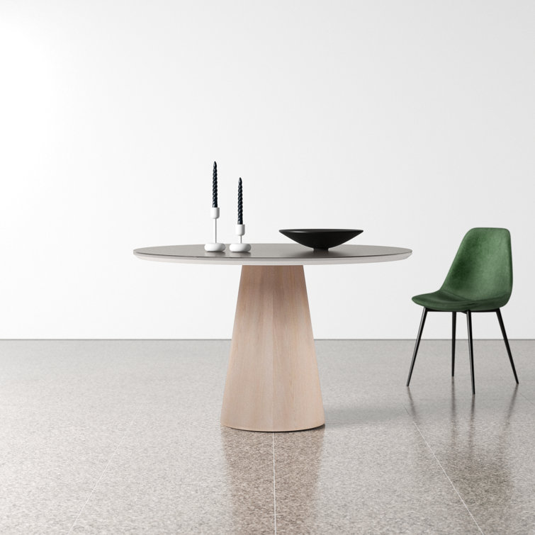 Round Glass Top Pedestal Dining Table with Off White Finish