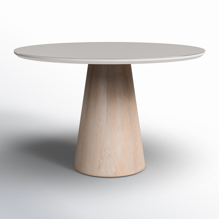 Round Glass Top Pedestal Dining Table with Off White Finish