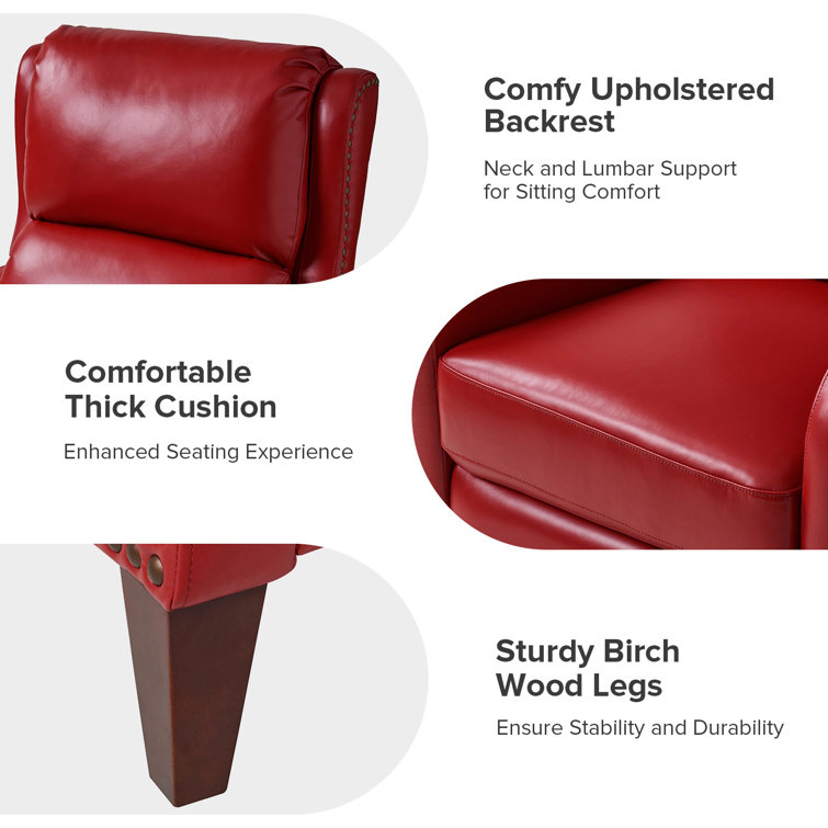 Red Genuine Leather Club Recliner with Wood Legs