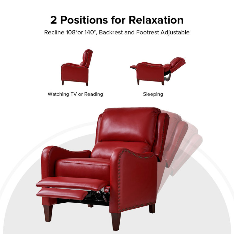 Red Genuine Leather Club Recliner with Wood Legs
