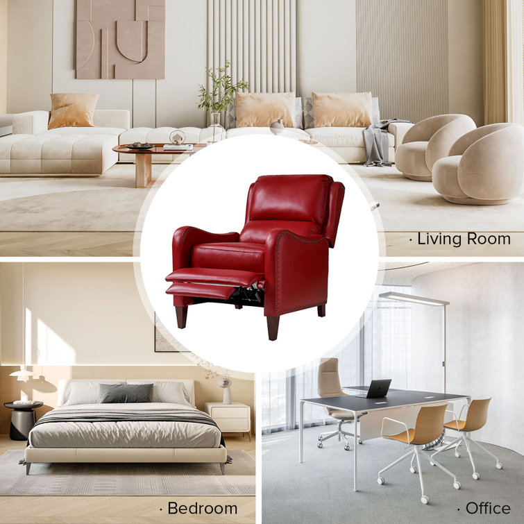 Red Genuine Leather Club Recliner with Wood Legs