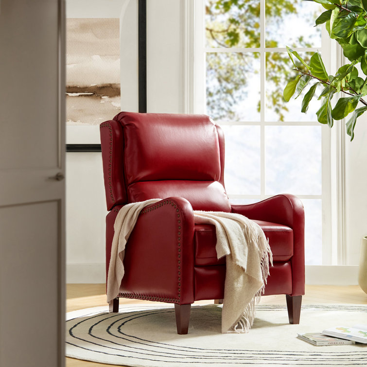 Red Genuine Leather Club Recliner with Wood Legs