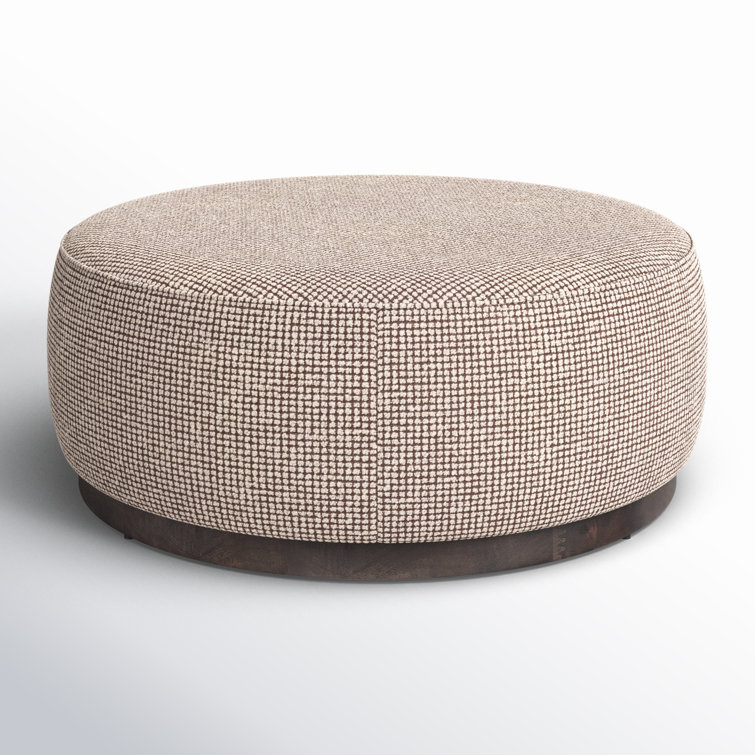 Taupe and Brown Round Upholstered Ottoman with Parawood Base