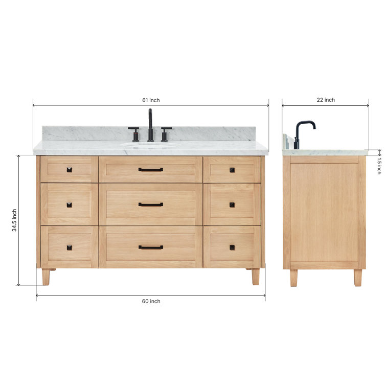 Monroe 61" Oak Single Sink Vanity with Carrara Marble Top