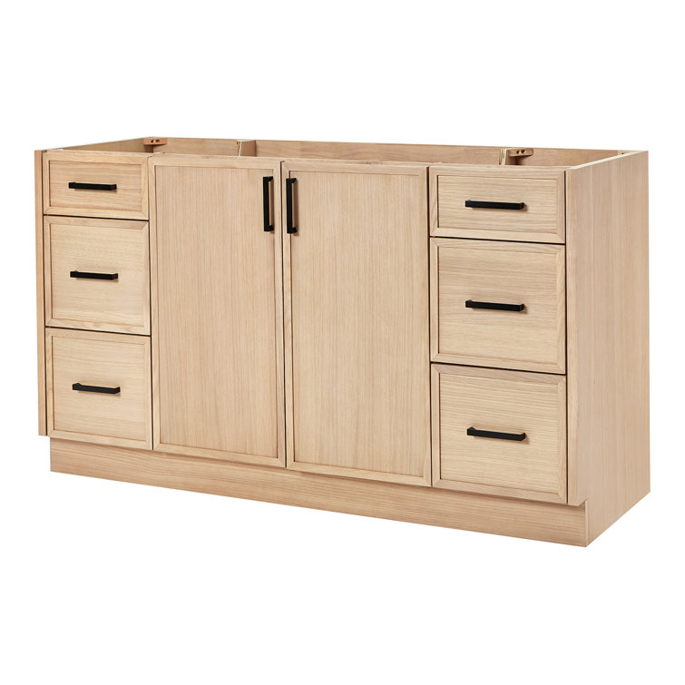 Kelly 60" White Oak Freestanding Bathroom Vanity Cabinet with Black Handles