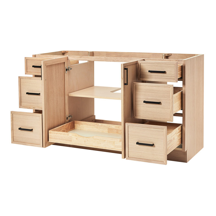 Kelly 60" White Oak Freestanding Bathroom Vanity Cabinet with Black Handles