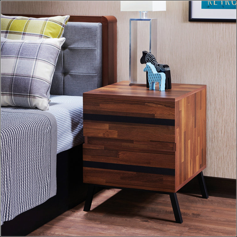 Walnut and Black Modern Rectangular Nightstand with Storage