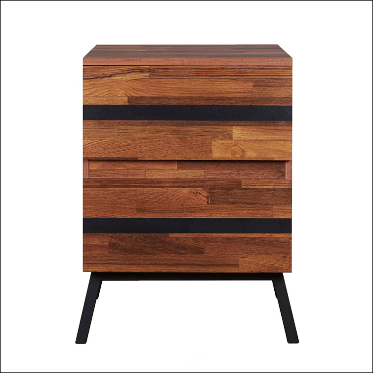 Walnut and Black Modern Rectangular Nightstand with Storage