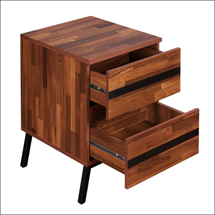 Walnut and Black Modern Rectangular Nightstand with Storage