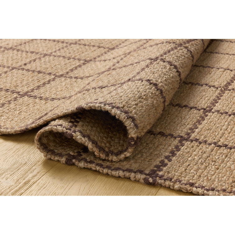 Natural Brown Rectangular Jute Area Rug with Grid Pattern