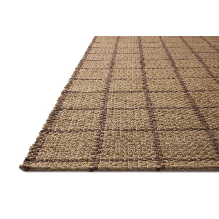 Natural Brown Rectangular Jute Area Rug with Grid Pattern