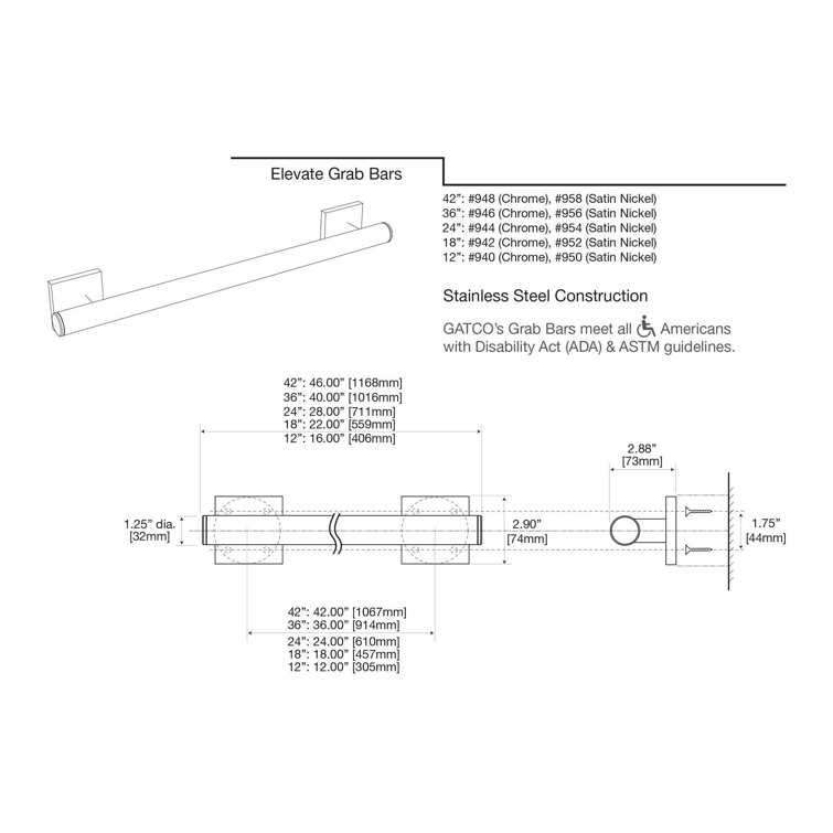 Elevate 42-Inch Chrome Stainless Steel Wall Mounted Grab Bar