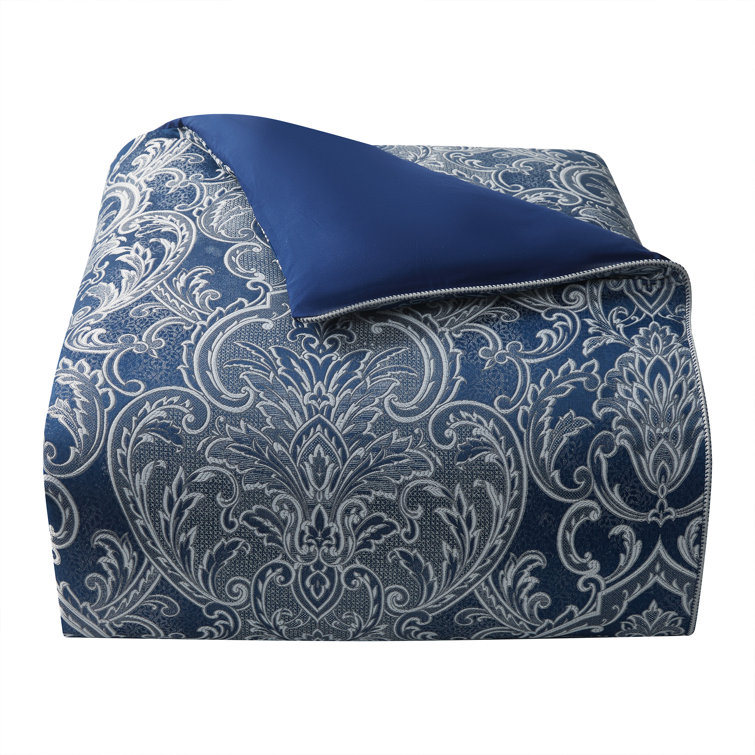 Navy and Ivory Damask Queen Reversible Comforter Set