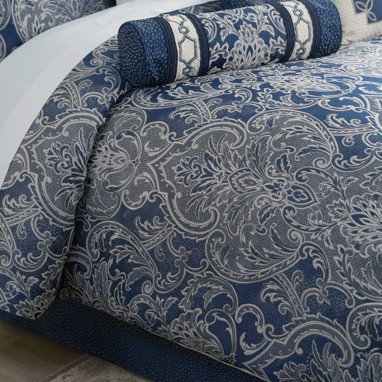 Navy and Ivory Damask Queen Reversible Comforter Set
