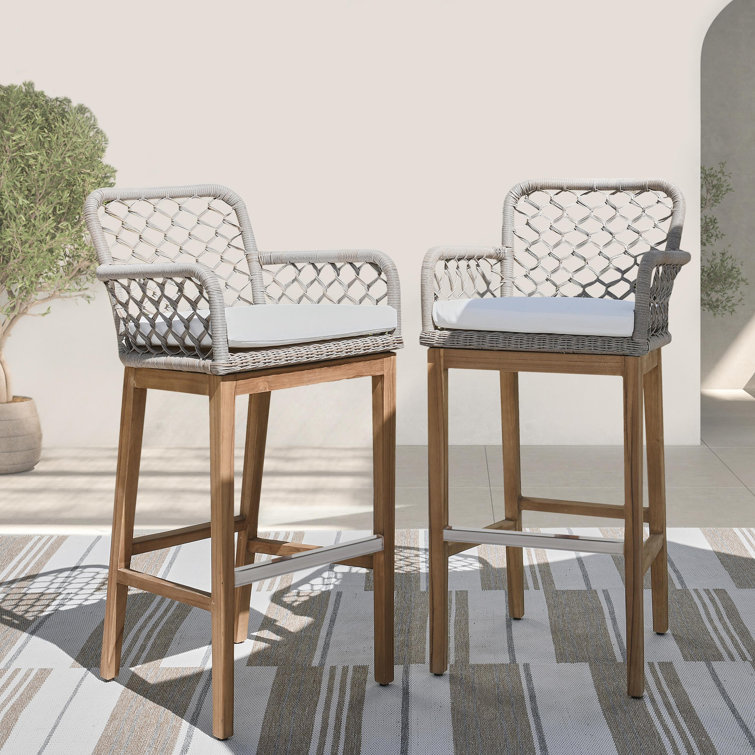 Gray Wicker and Teak Indoor/Outdoor Bar Stool with Cushion