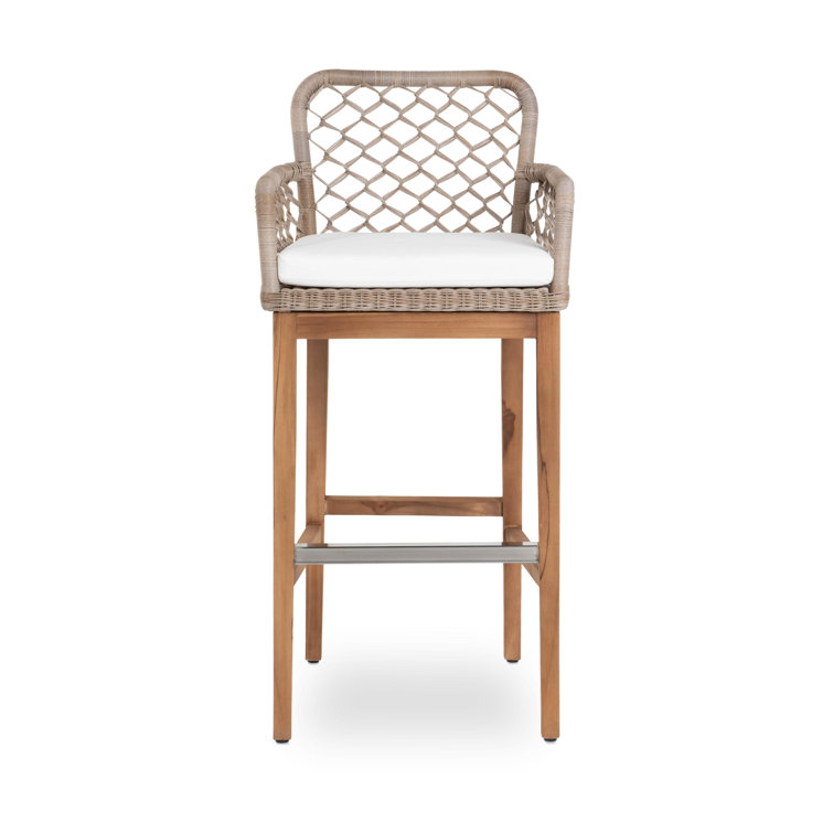 Gray Wicker and Teak Indoor/Outdoor Bar Stool with Cushion