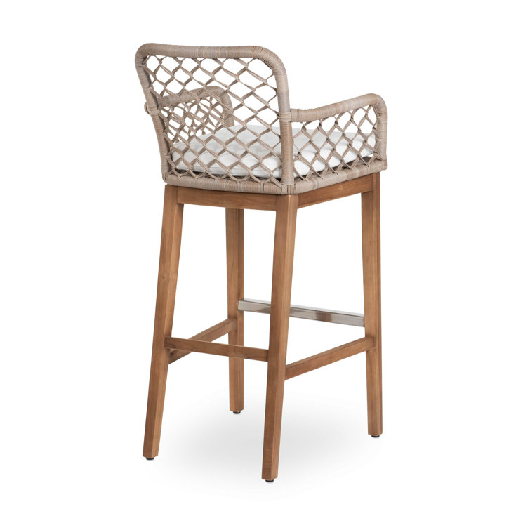 Gray Wicker and Teak Indoor/Outdoor Bar Stool with Cushion