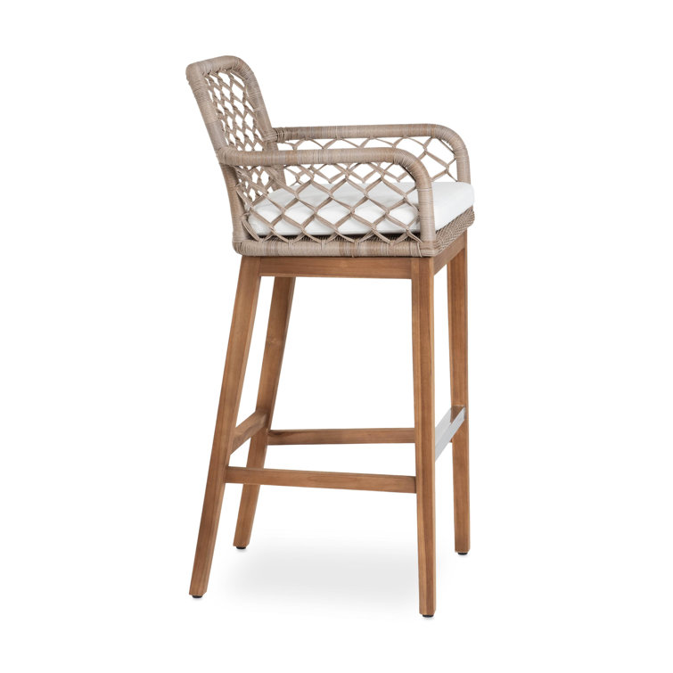 Gray Wicker and Teak Indoor/Outdoor Bar Stool with Cushion