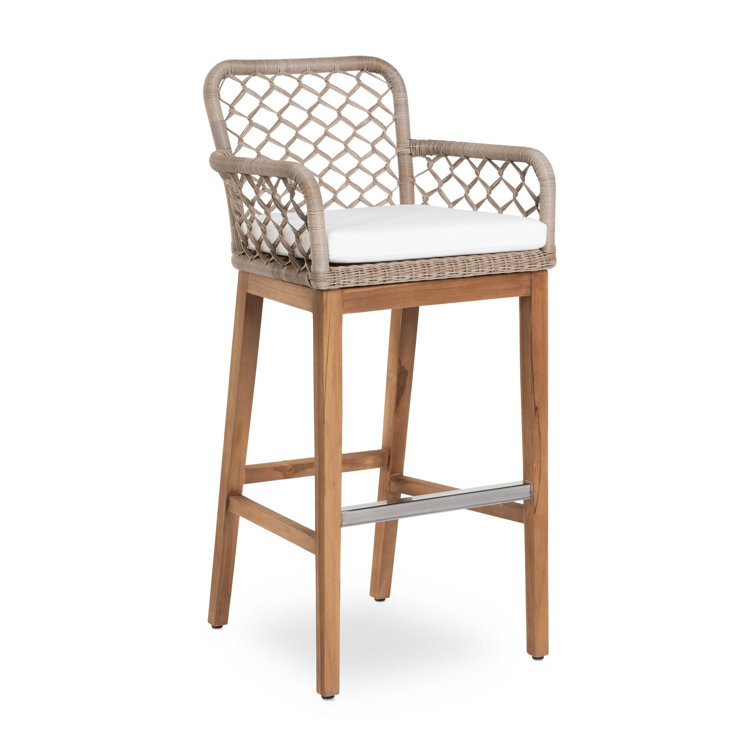 Gray Wicker and Teak Indoor/Outdoor Bar Stool with Cushion