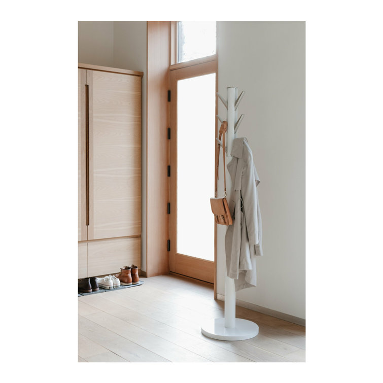 Sleek Flapper 9-Hook White Wooden Freestanding Coat Rack