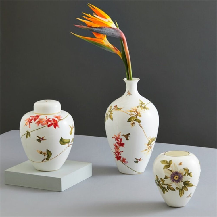 Hummingbird Floral Ceramic Lidded Vase with Gold Accents