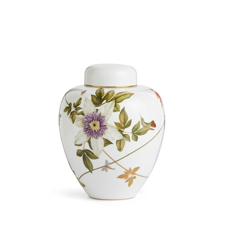 Hummingbird Floral Ceramic Lidded Vase with Gold Accents