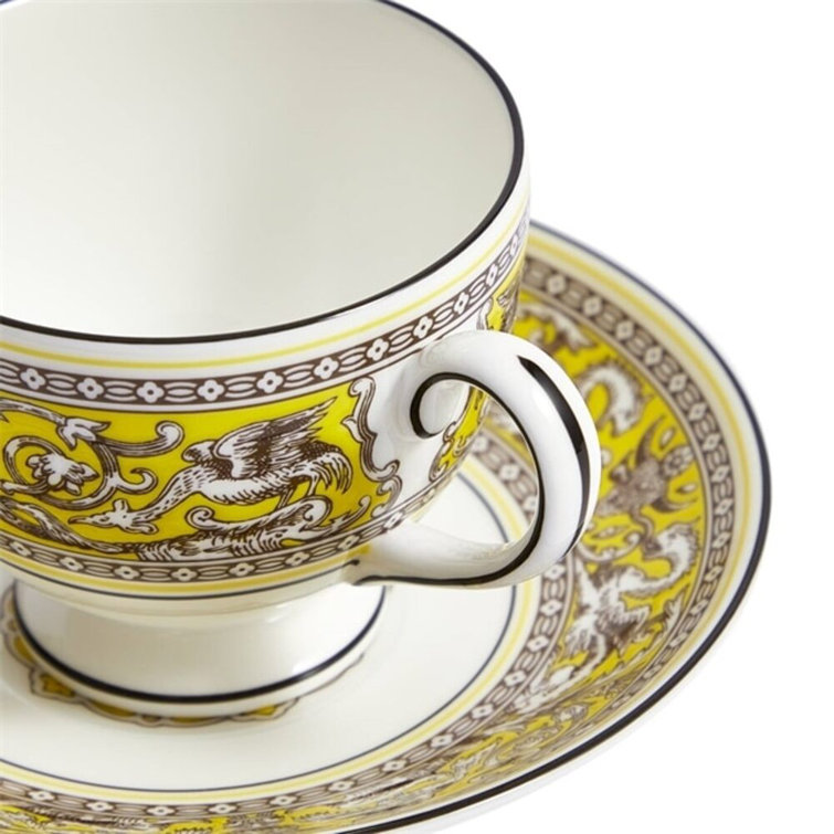 Yellow Round Bone China Teacup and Saucer Set