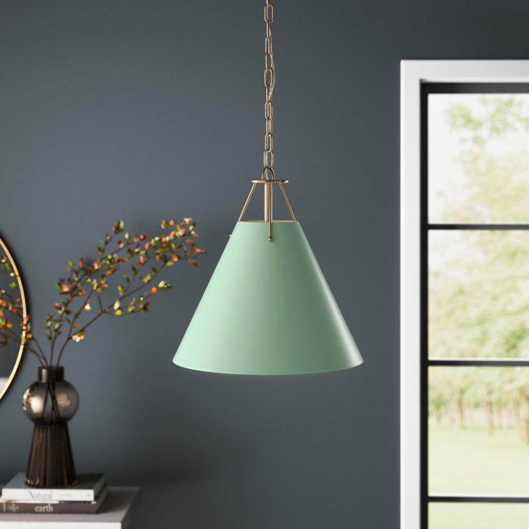 Green and Gold Steel Cone Pendant Light, 12"