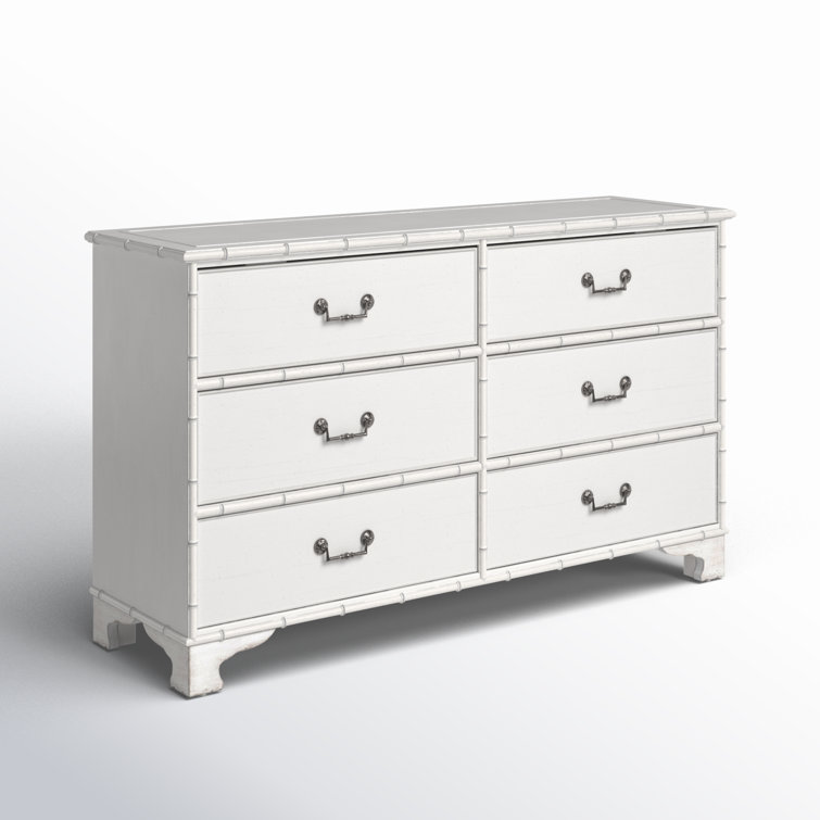 White Coastal 6-Drawer Dresser with Bamboo-Motif Trim