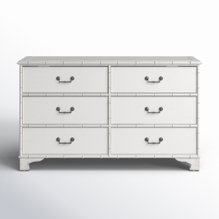White Coastal 6-Drawer Dresser with Bamboo-Motif Trim