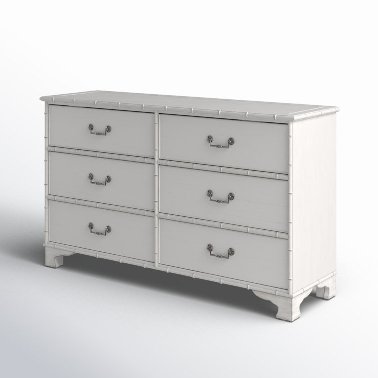 White Coastal 6-Drawer Dresser with Bamboo-Motif Trim