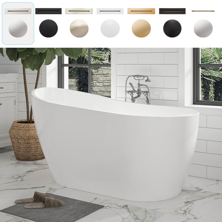 54" White Acrylic Freestanding Soaking Bathtub with Chrome Drain