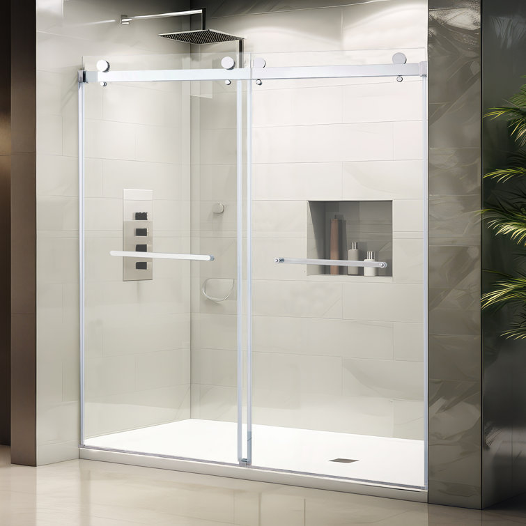 56-60" Frameless Clear Glass Double Sliding Shower Door in Matte Black