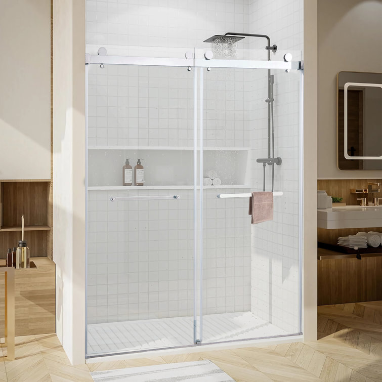 56-60" Frameless Clear Glass Double Sliding Shower Door in Matte Black