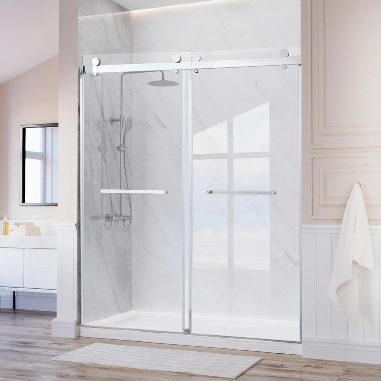 56-60" Frameless Clear Glass Double Sliding Shower Door in Matte Black