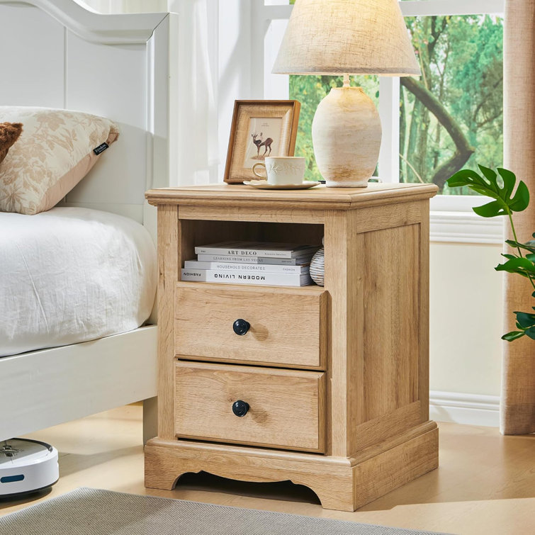 Natural Oak 2-Drawer Nightstand with Charging Station