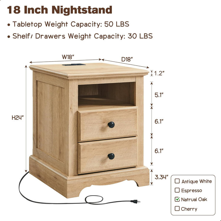 Natural Oak 2-Drawer Nightstand with Charging Station
