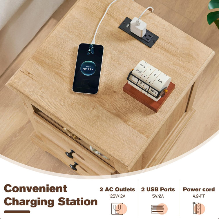 Natural Oak 2-Drawer Nightstand with Charging Station