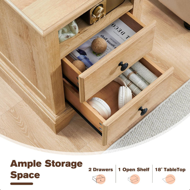 Natural Oak 2-Drawer Nightstand with Charging Station