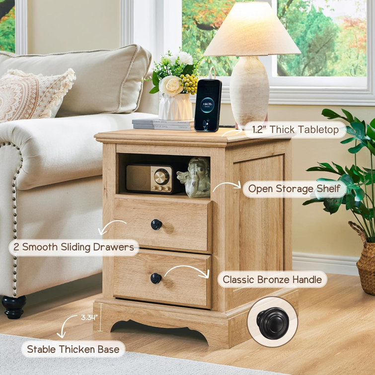 Natural Oak 2-Drawer Nightstand with Charging Station