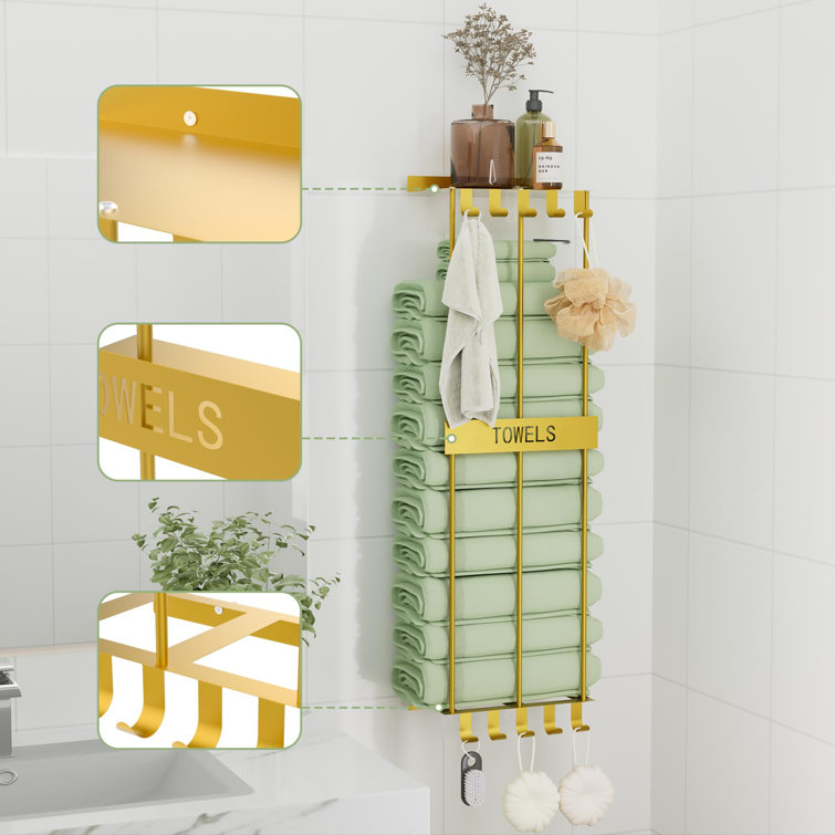 Gold Wall Mounted Metal Towel Rack with Hooks