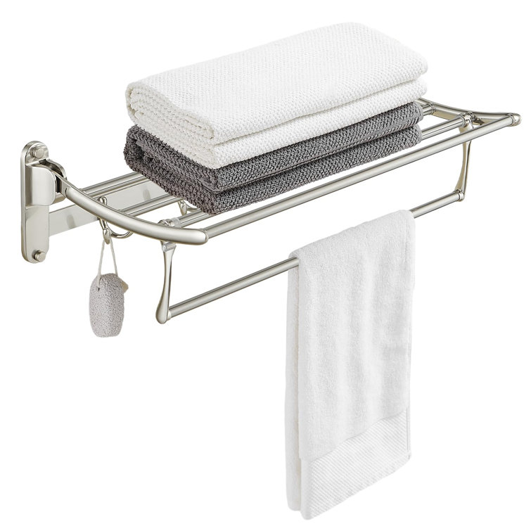 24 Inch Brushed Nickel Wall Mounted Foldable Towel Rack with Hooks